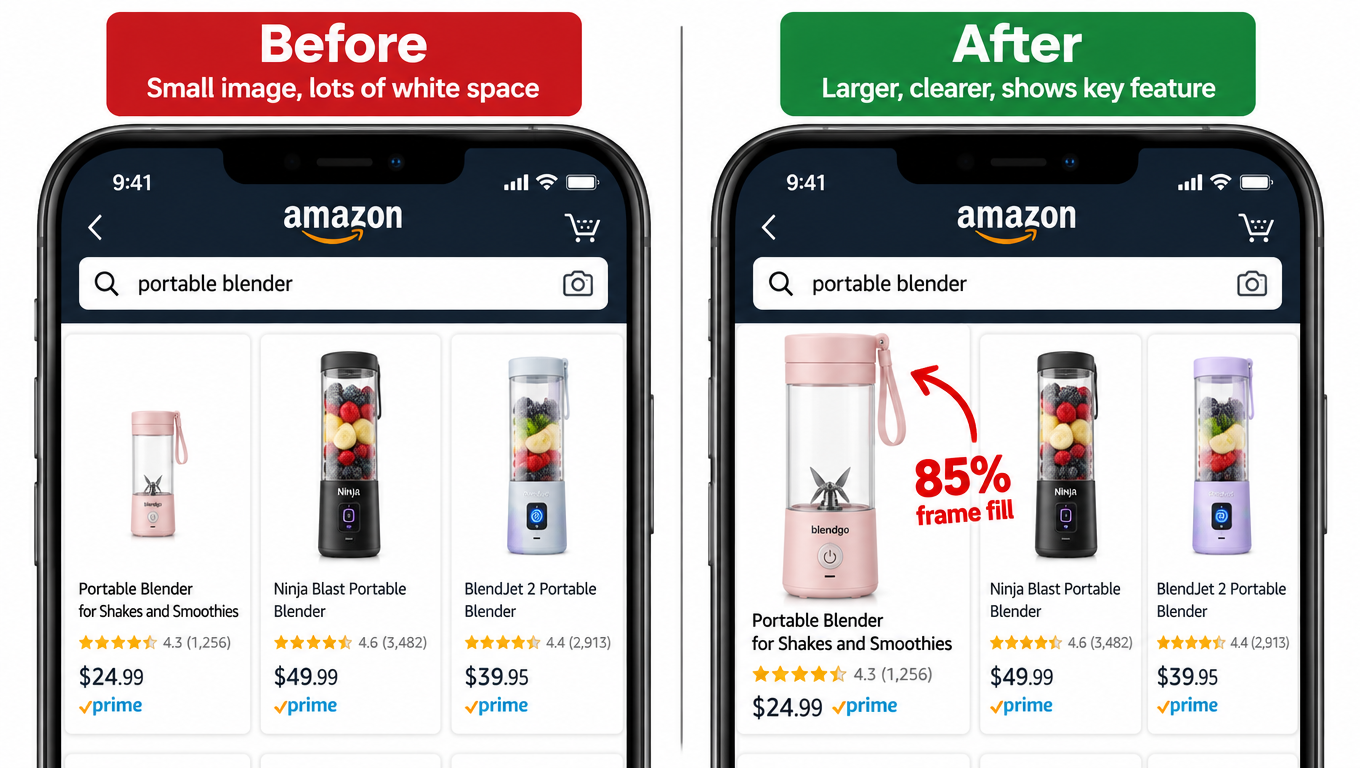 Before and after comparison of an Amazon main image in a mobile search grid showing a product filling 50 percent versus 85 percent of the frame