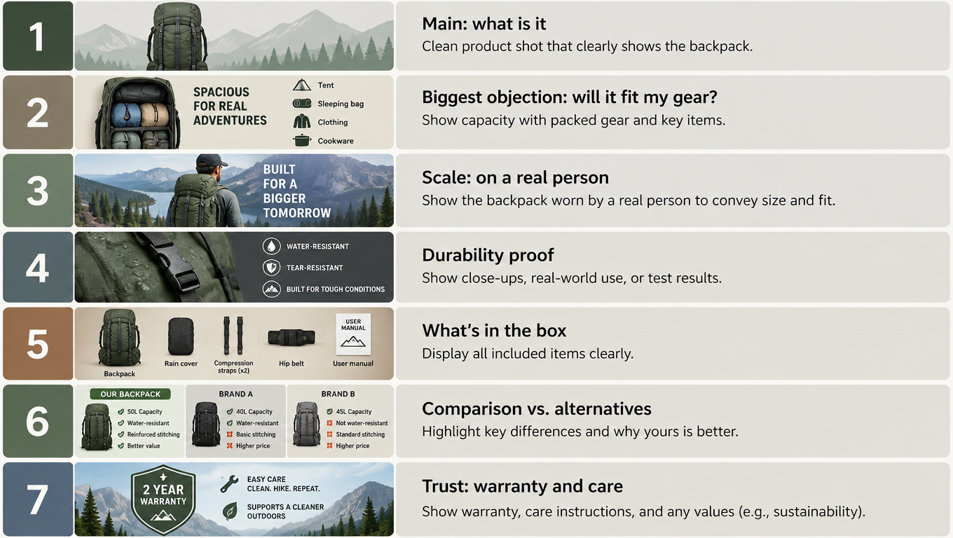 Infographic showing a seven-slot Amazon image sequence for a camping backpack with each slot mapped to a buyer objection
