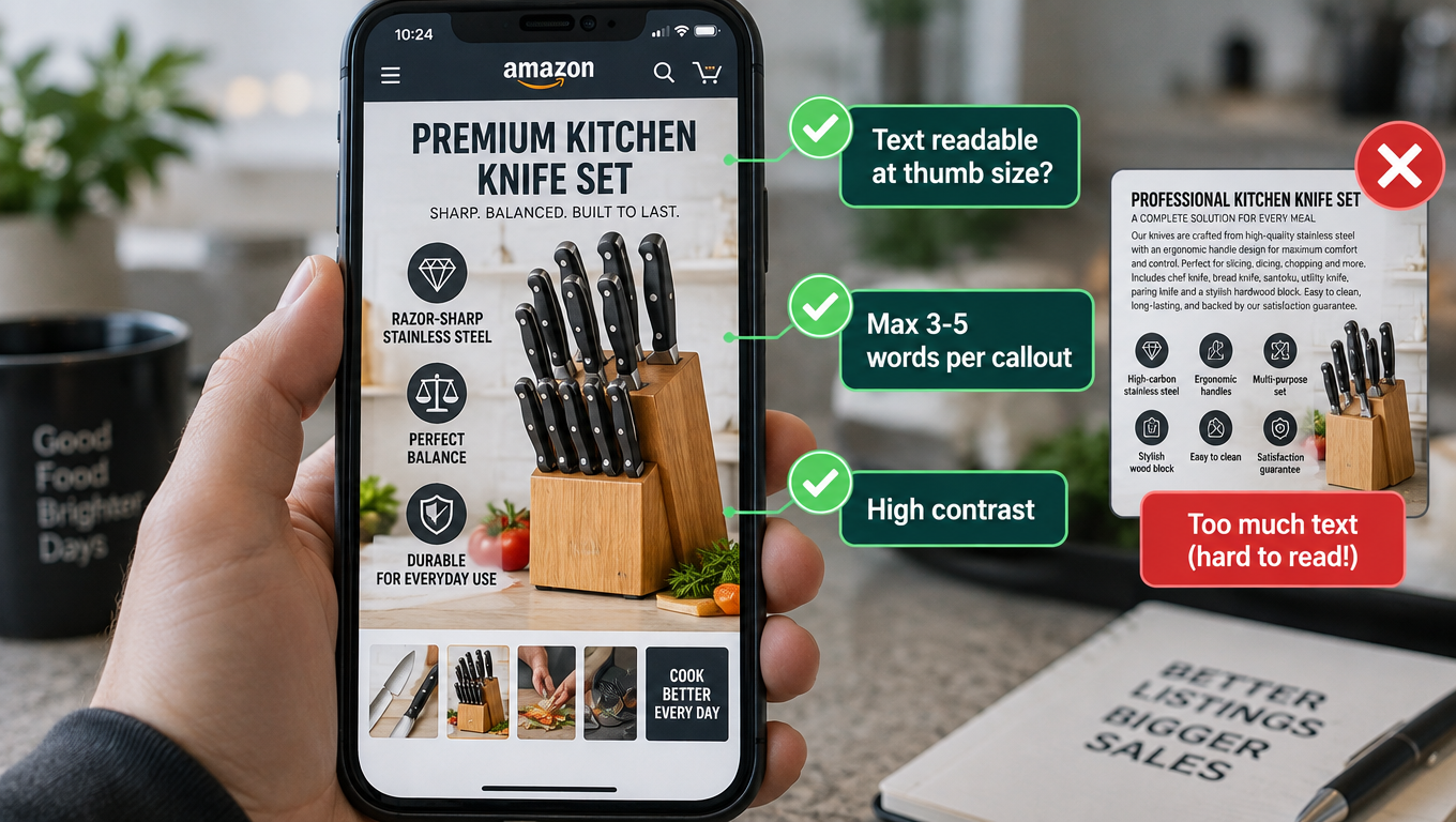 Hand holding a smartphone displaying an Amazon infographic with callouts about text readability, word count, and contrast