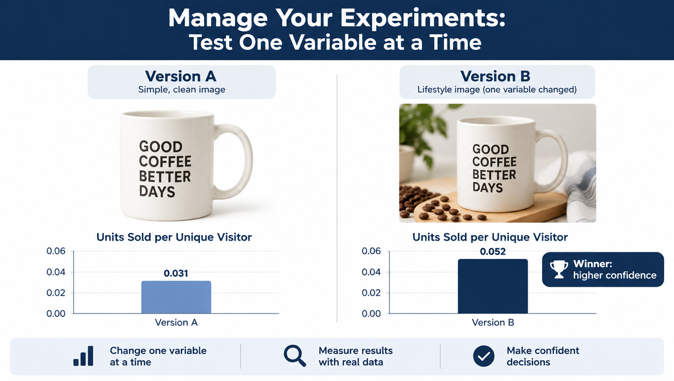 A/B test dashboard comparing two coffee mug main images with bar charts of units sold per visitor and a winner label