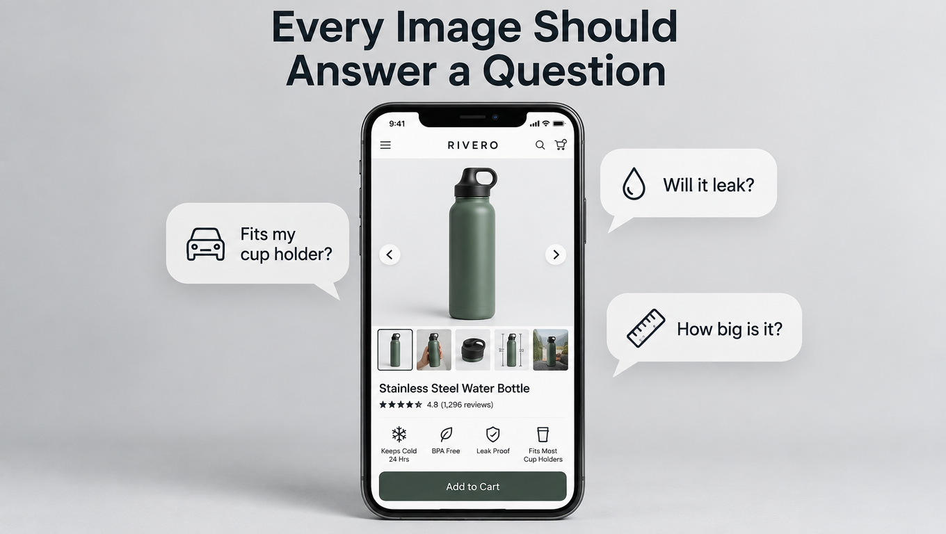 Smartphone showing a water bottle product page surrounded by shopper questions like fits my cup holder, will it leak, and how big is it