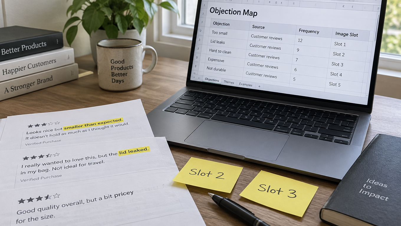 Desk with laptop showing an Objection Map spreadsheet and printed customer reviews highlighted with phrases like smaller than expected and lid leaked