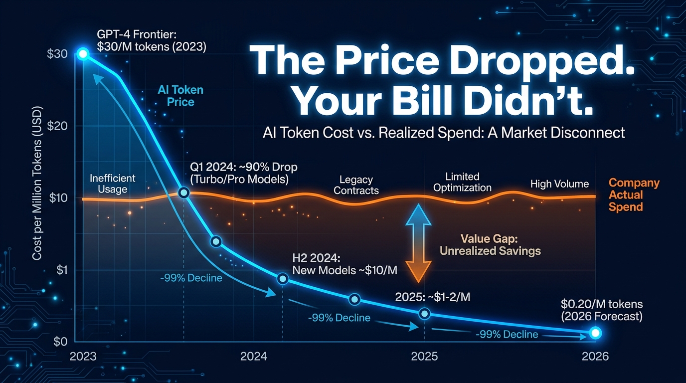 Dramatic infographic showing AI token pricing dropping from $30 per million tokens to $0.20, while company AI spend stays flat — illustrating the gap between market prices and realized savings