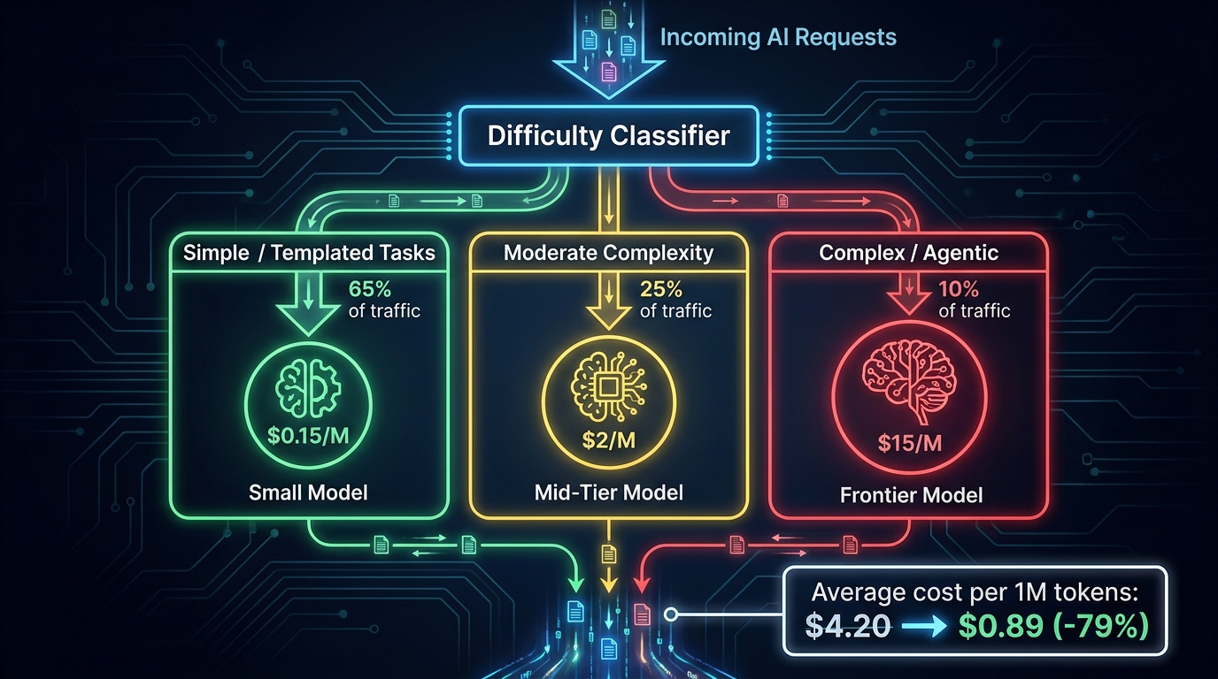 Technical architecture diagram showing three-tier model routing system with difficulty classifier directing 65% of traffic to cheap models, 25% to mid-tier, and 10% to frontier models