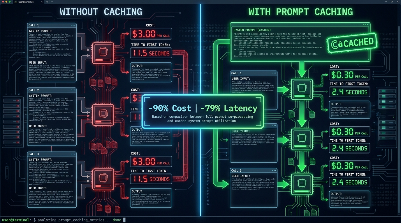 Split-screen comparison showing API calls without prompt caching at $3.00 per call and 11.5 seconds latency versus with prompt caching at $0.30 per call and 2.4 seconds — a 90% cost reduction