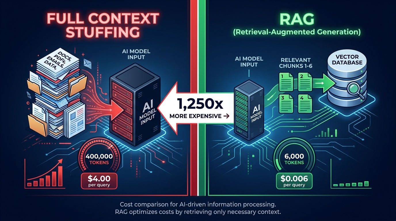 Infographic comparing RAG retrieving 6,000 tokens at $0.006 per query versus full context stuffing sending 400,000 tokens at $4.00 per query — showing a 1,250x cost difference