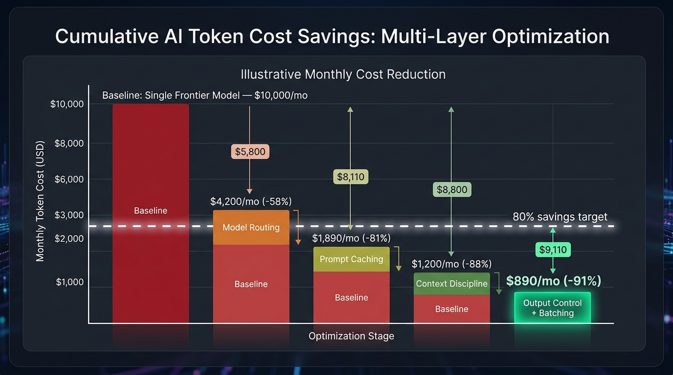 Stacked bar chart showing cumulative AI token cost savings from $10,000 per month baseline dropping to $890 after applying model routing, prompt caching, context discipline, and output control