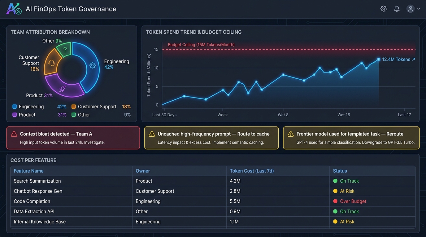 AI FinOps governance dashboard showing team-level token attribution, spend trend line with budget ceiling, and alert cards detecting context bloat and uncached high-frequency prompts