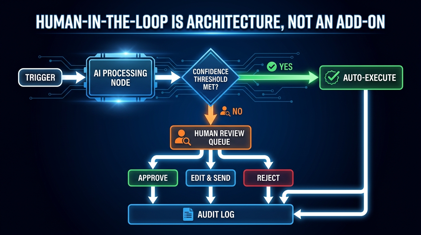 Human-in-the-loop architecture diagram showing confidence threshold decision gates routing to auto-execute or human review queue with approve, edit, and reject options