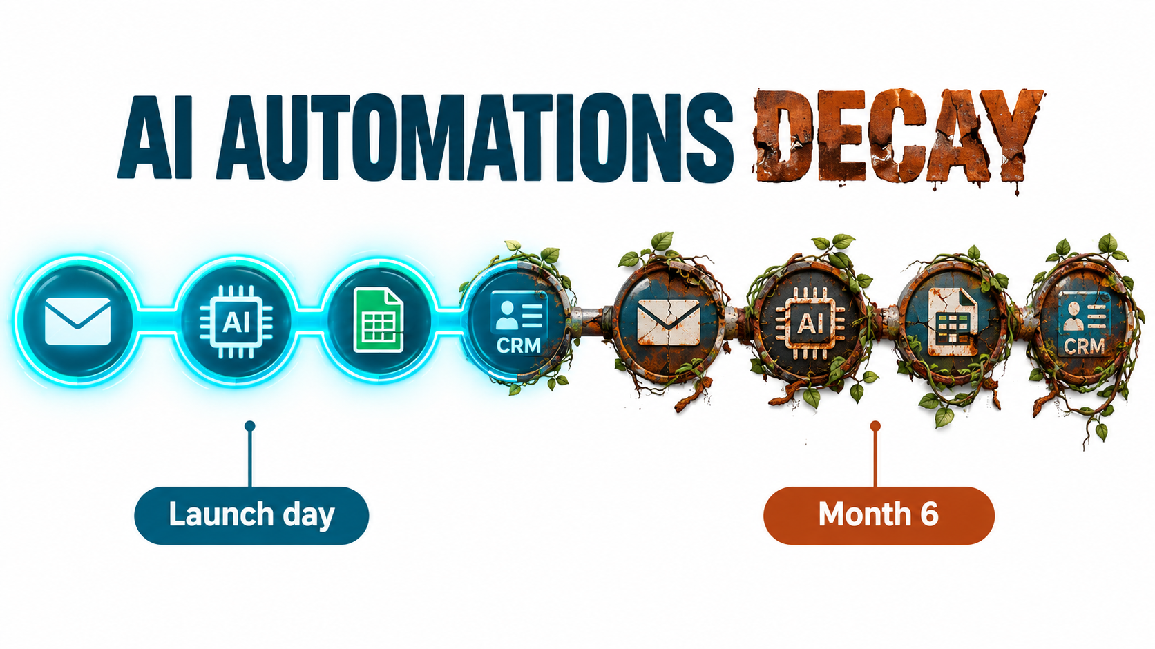 Illustration of an AI automation workflow that is clean on launch day and rusting and cracking by month six