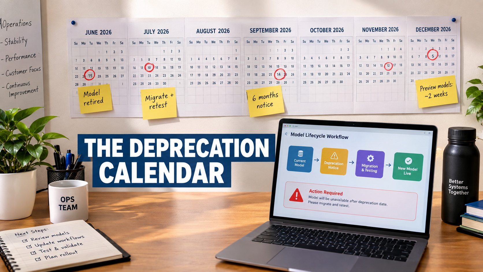 Wall calendar from June to December 2026 with model retirement dates circled and sticky notes about migration and notice periods