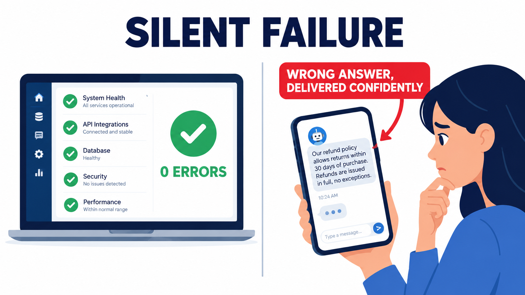 Split illustration showing a dashboard with zero errors next to a customer receiving a confidently wrong chatbot answer about refund policy
