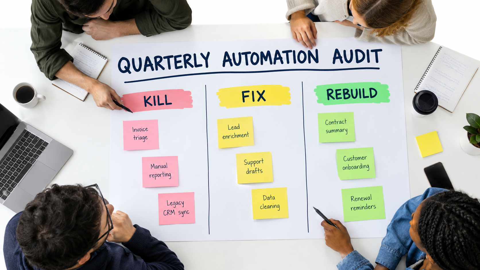Team audit board with three columns labeled Kill, Fix, and Rebuild containing sticky notes naming different AI automations