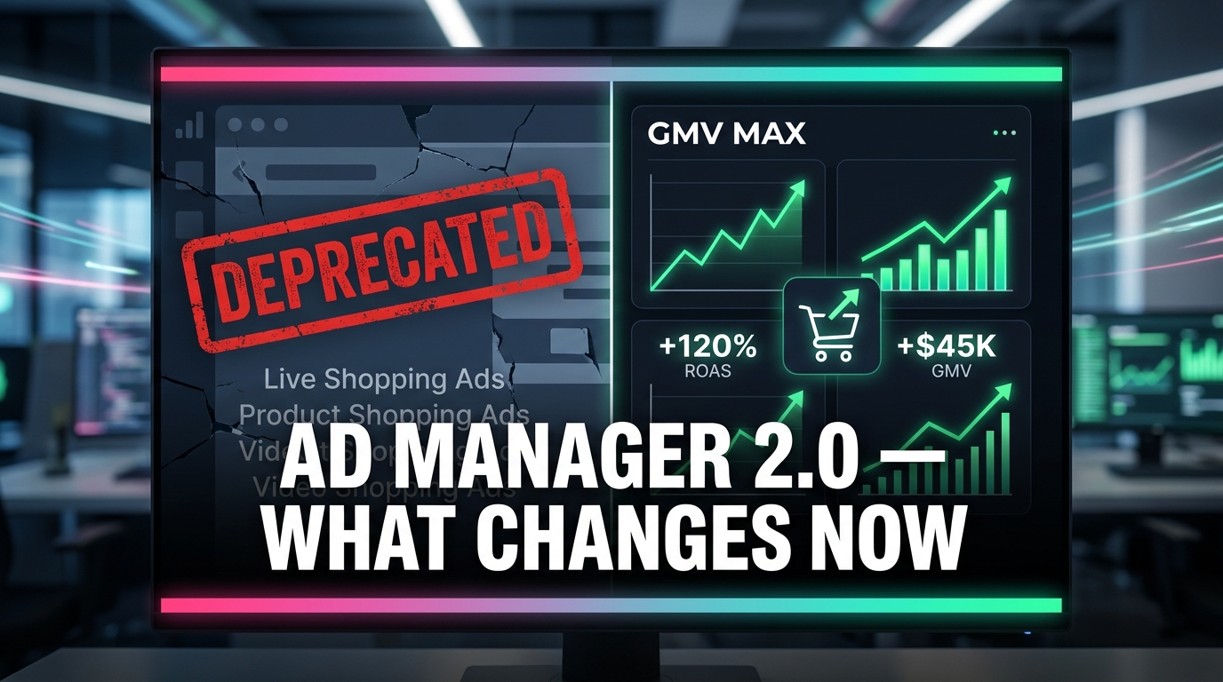 TikTok Shop Ad Manager 2.0 — deprecated legacy formats replaced by GMV Max campaign type