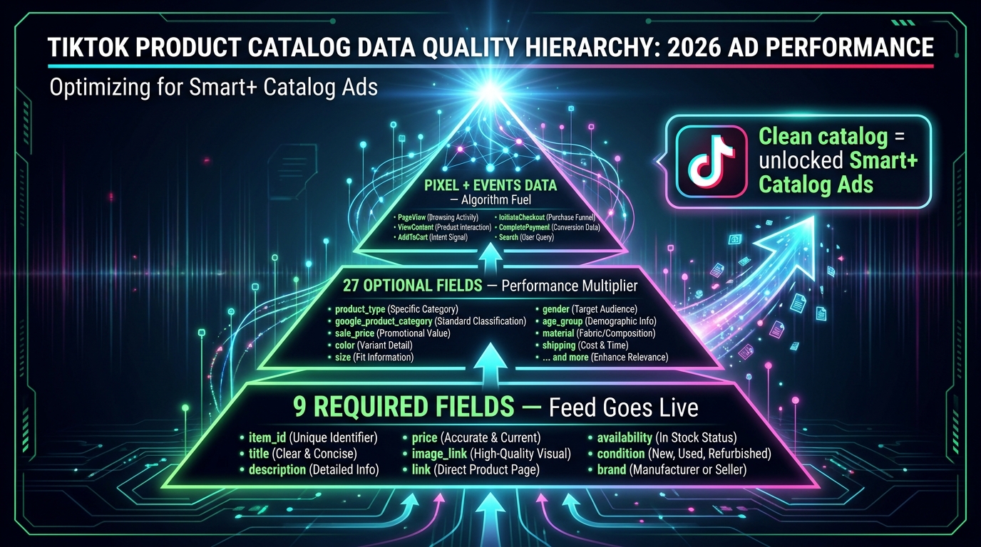 Product catalog data quality pyramid showing required fields, optional fields, and pixel events data for TikTok ad performance