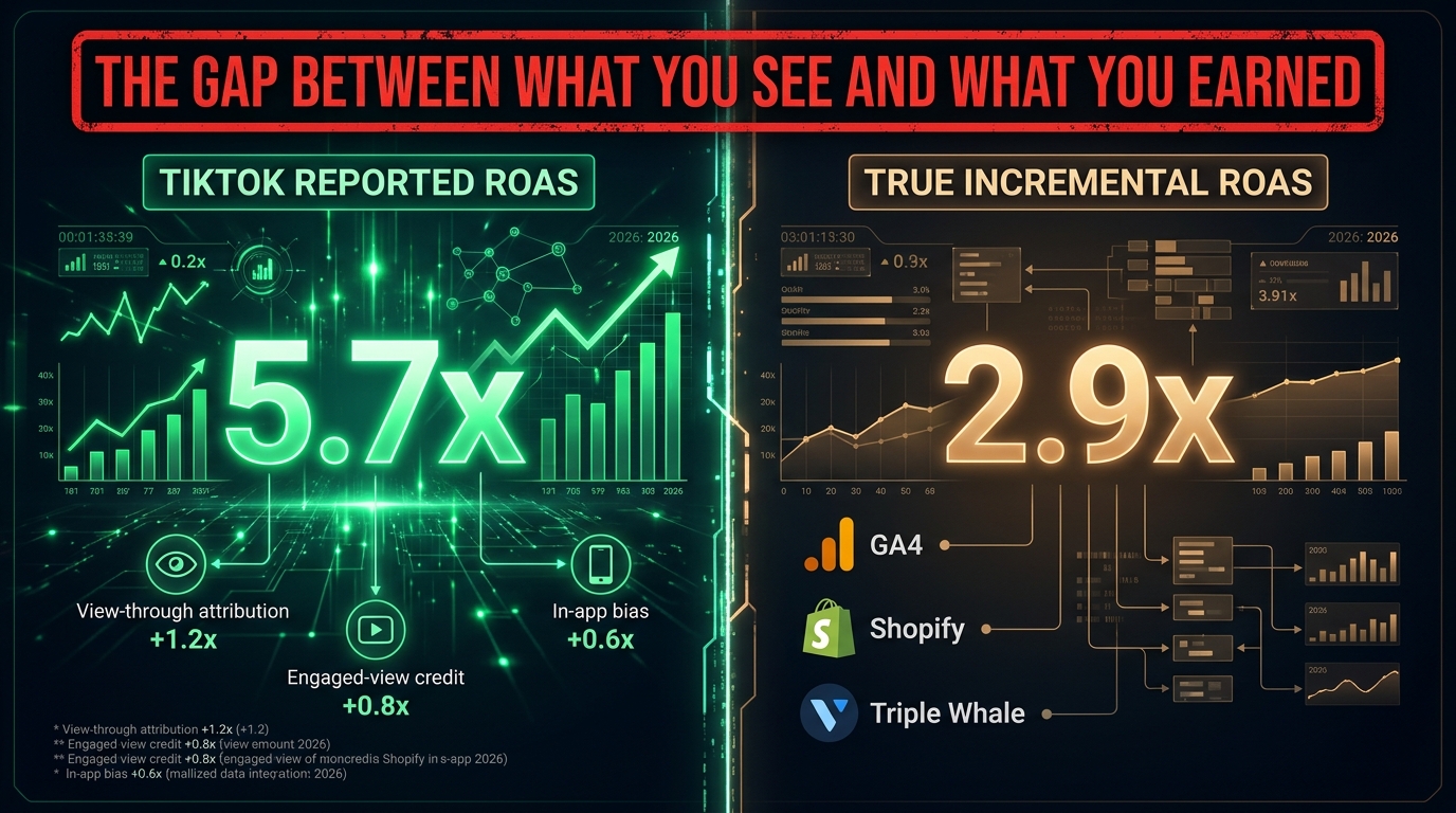 Split-screen comparison of TikTok reported ROAS versus true incremental ROAS showing the measurement gap