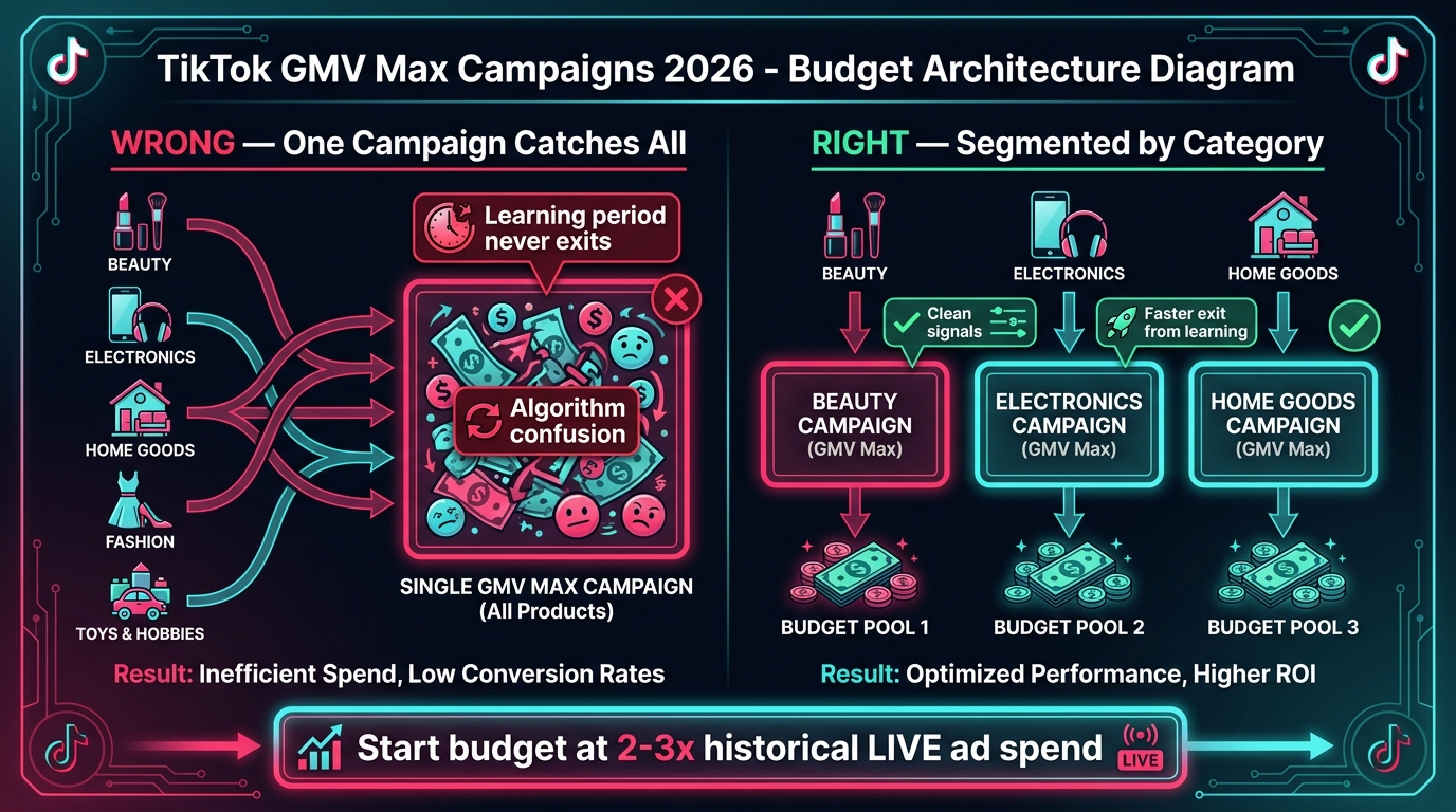Budget architecture comparison showing wrong single-campaign approach versus correct category-segmented GMV Max campaign structure