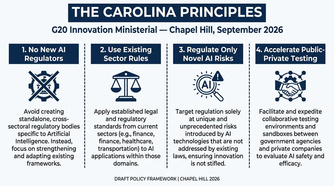 Carolina Principles G20 AI Governance Framework — Four Policy Pillars Infographic