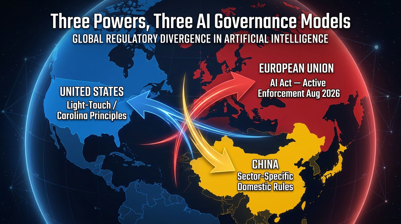 Three Powers Three AI Governance Models — US EU China regulatory map 2026