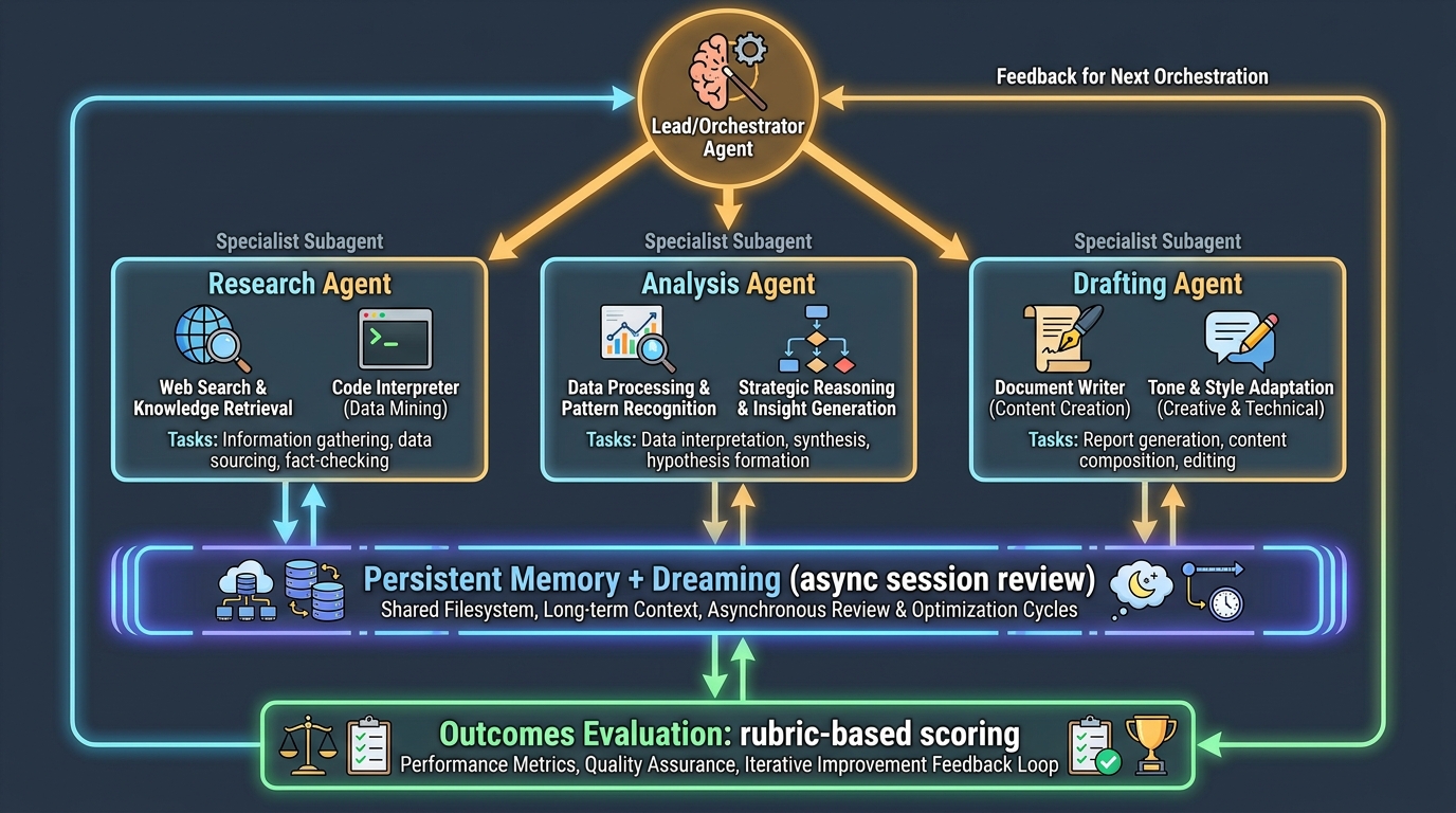 Claude Managed Agents multi-agent orchestration: lead agent coordinating specialist subagents with persistent memory and Dreaming