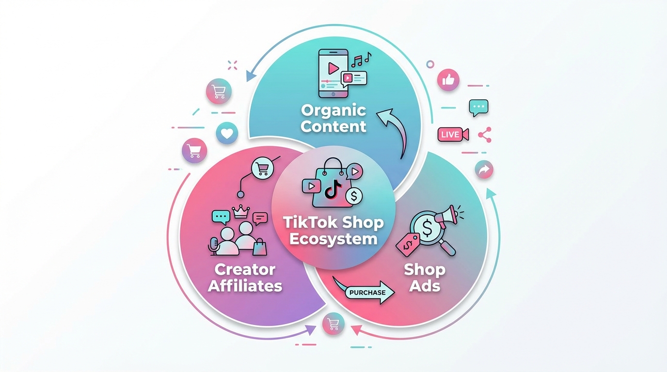 TikTok Shop ecosystem diagram showing three interlocking pillars: Organic Content, Creator Affiliates, and Shop Ads