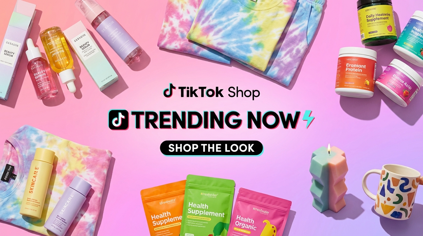 TikTok Shop product category showcase featuring beauty serums, fashion apparel, health supplements, and home goods in a vibrant flat-lay