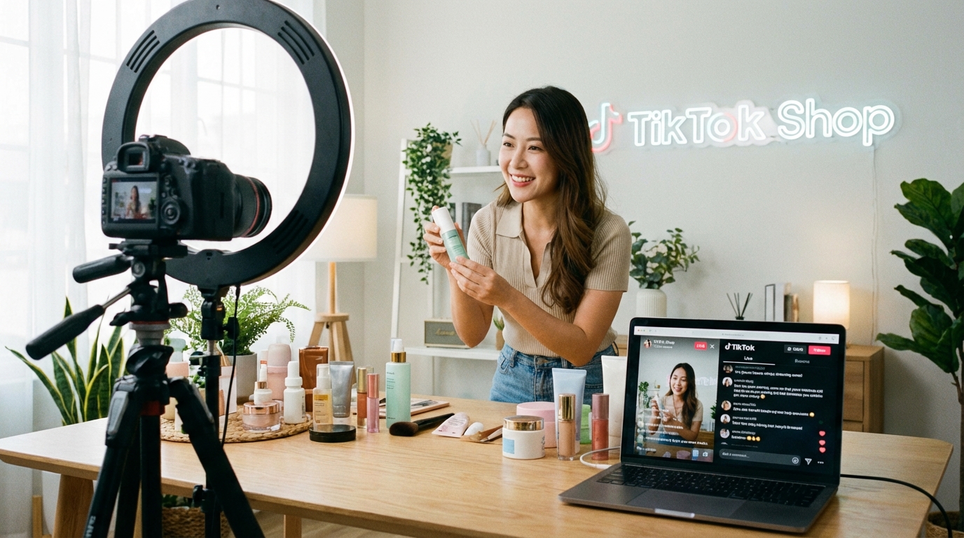 Live commerce streaming setup with presenter, products, ring light, and laptop showing live viewer counts and comments