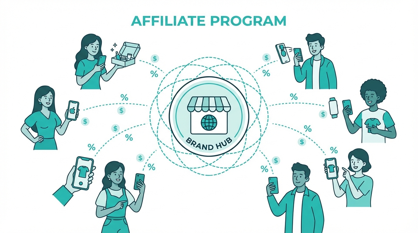 Creator affiliate network visualization showing multiple creators connected to a brand hub with commission and engagement metrics