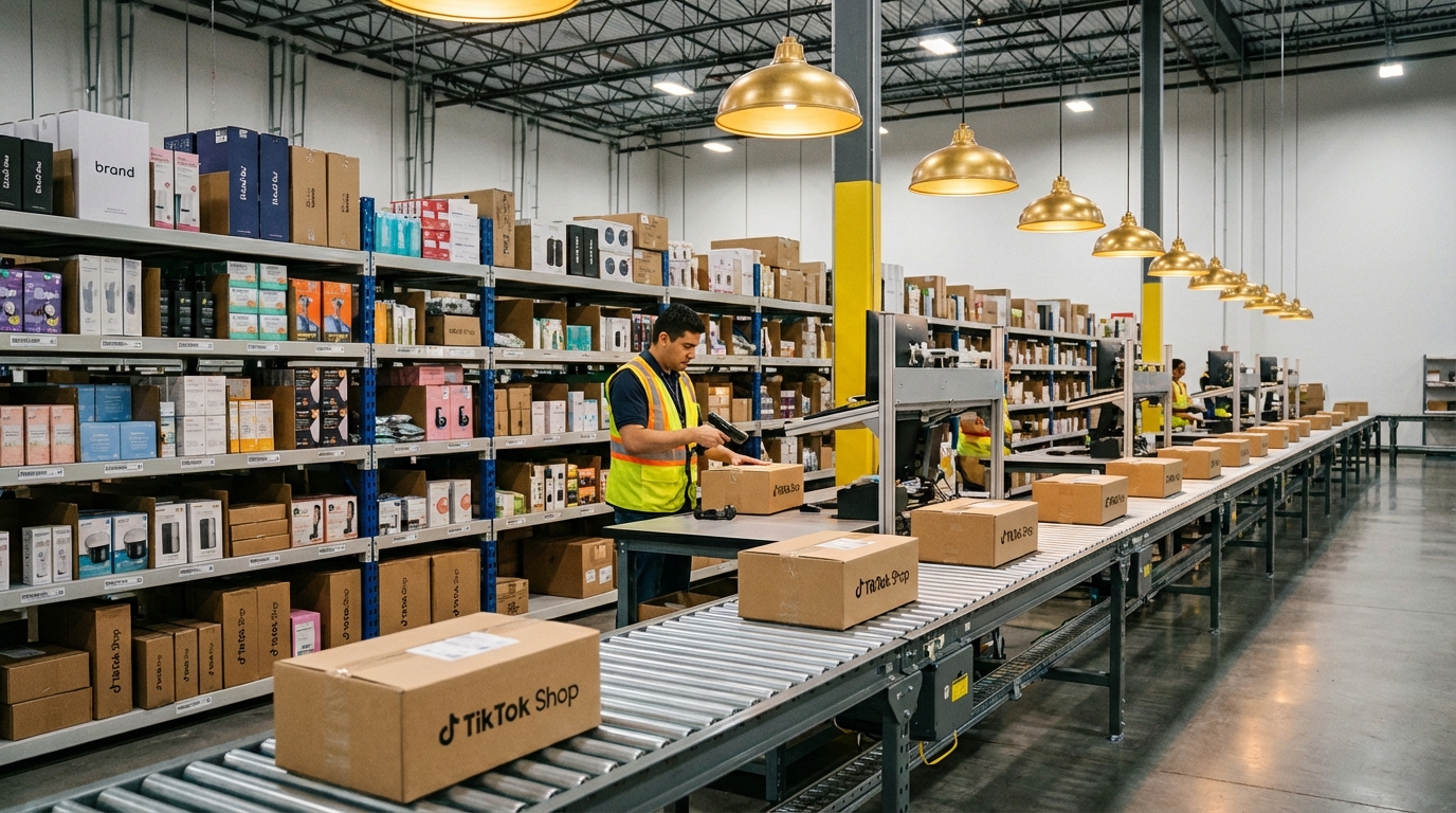 E-commerce fulfillment warehouse with organized shelves of packaged products, a worker scanning items, and shipping boxes ready for dispatch