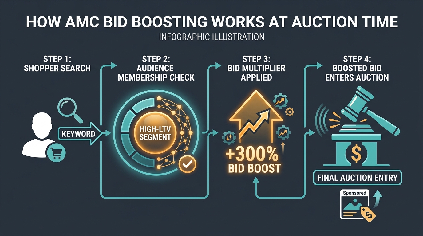 How AMC bid boosting works at auction time — step by step flow diagram