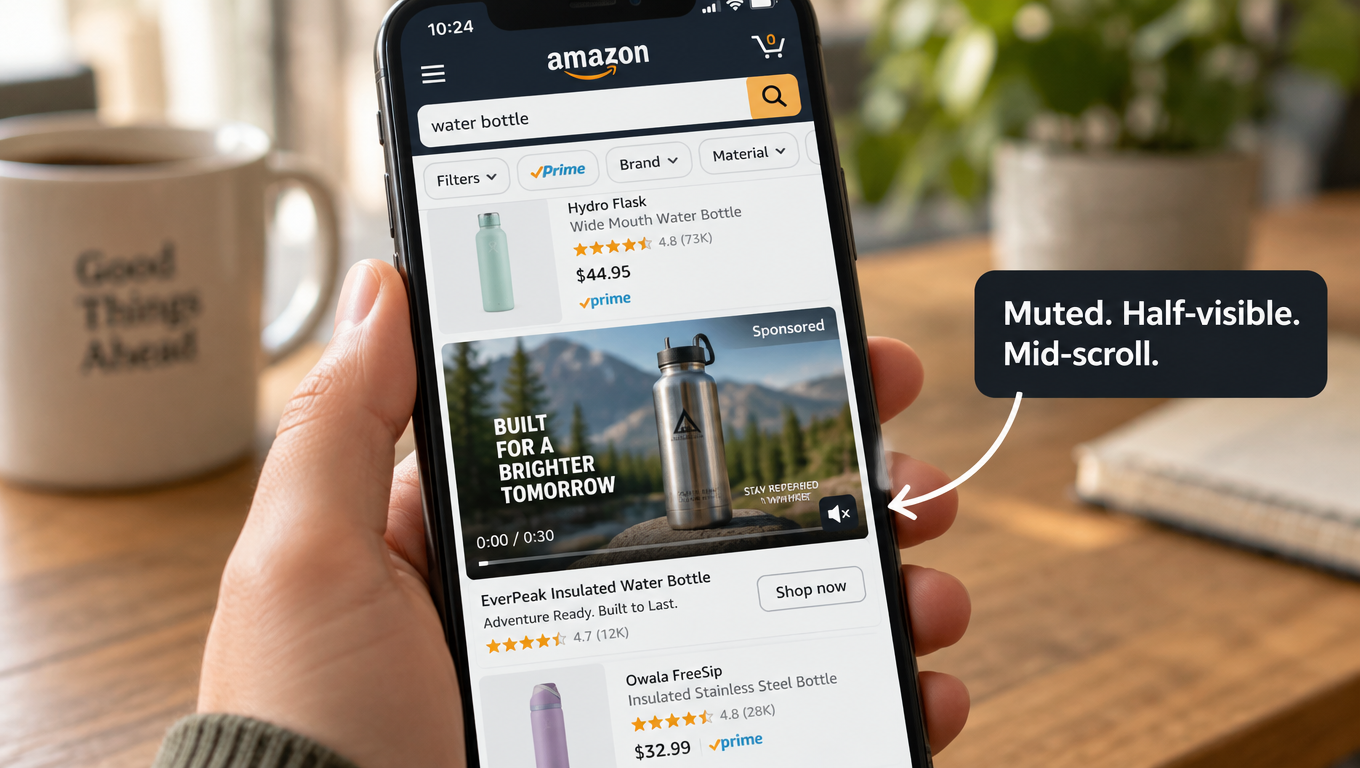 Smartphone showing an Amazon mobile search page mid-scroll with a muted Sponsored Brands video ad autoplaying