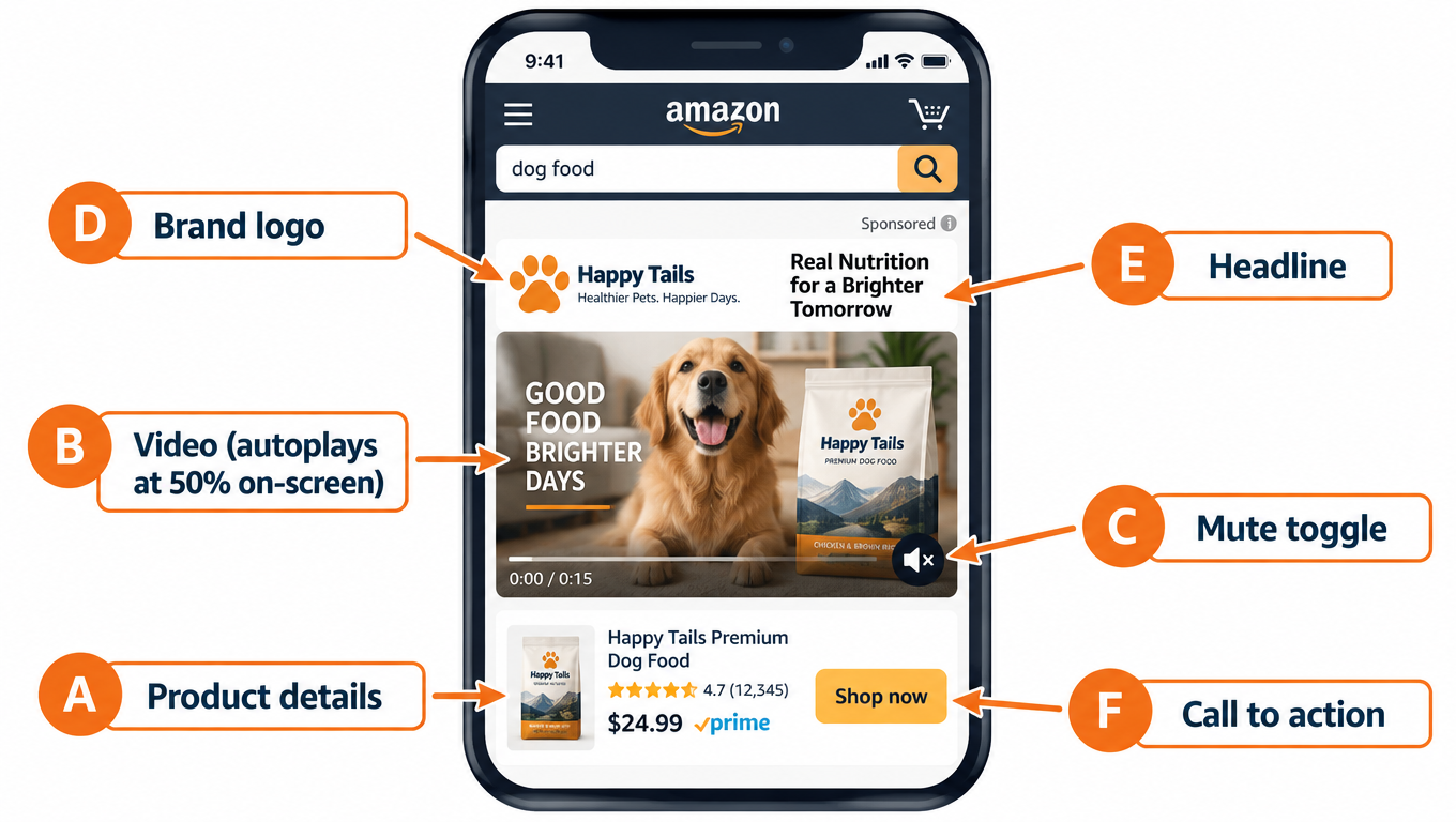 Labeled diagram of the six components of an Amazon Sponsored Brands video ad unit