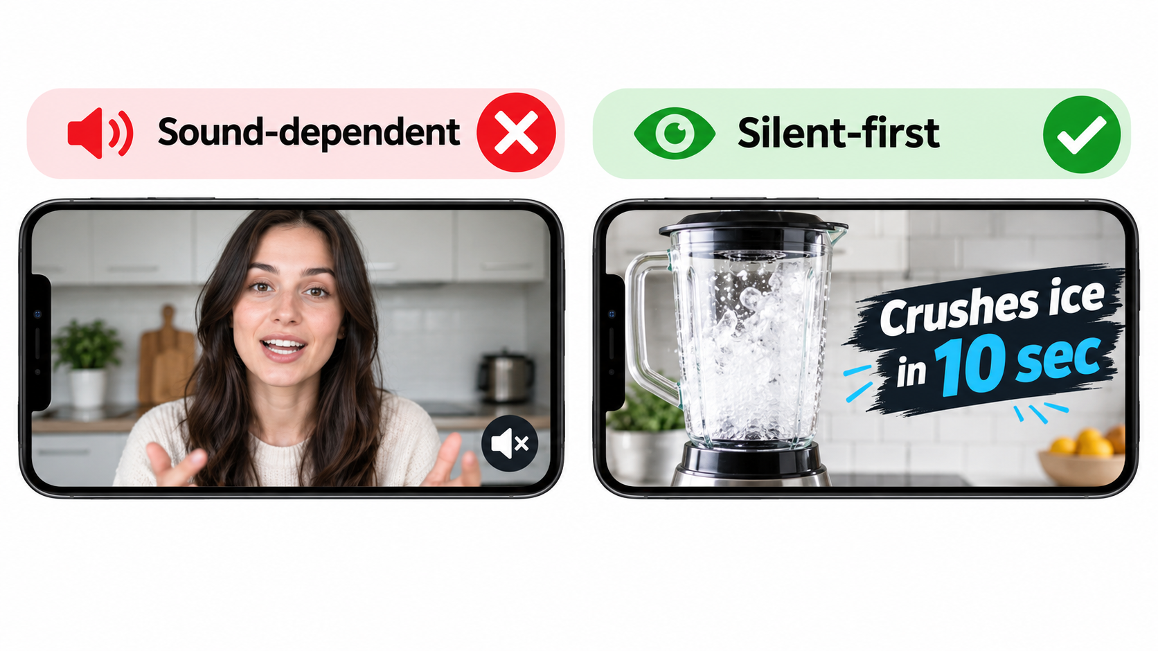Comparison of a sound-dependent talking-head ad versus a silent-first product demo with on-screen text
