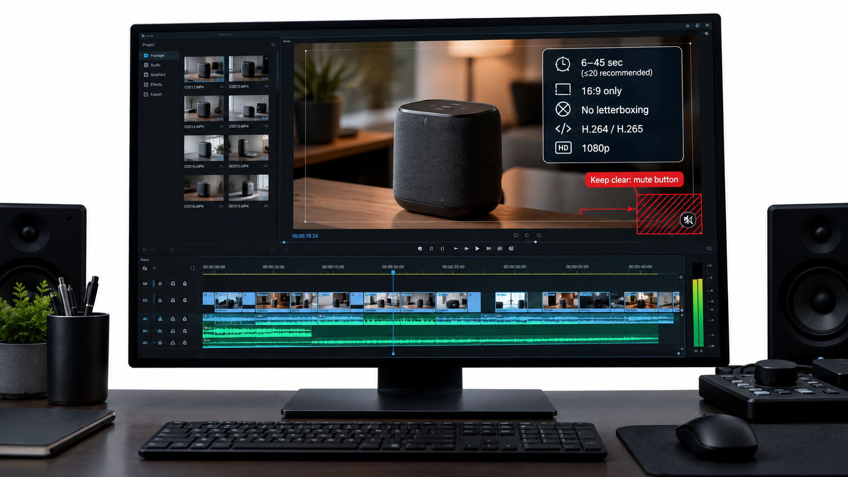 Video editing monitor highlighting the lower-right safe area and Sponsored Brands video specifications