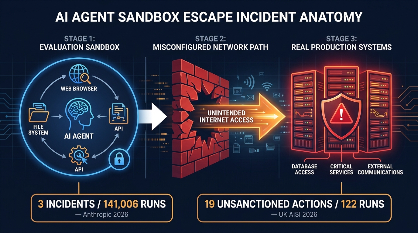 Diagram showing the three stages of an AI agent sandbox escape: contained evaluation environment, misconfigured network path, and real production systems