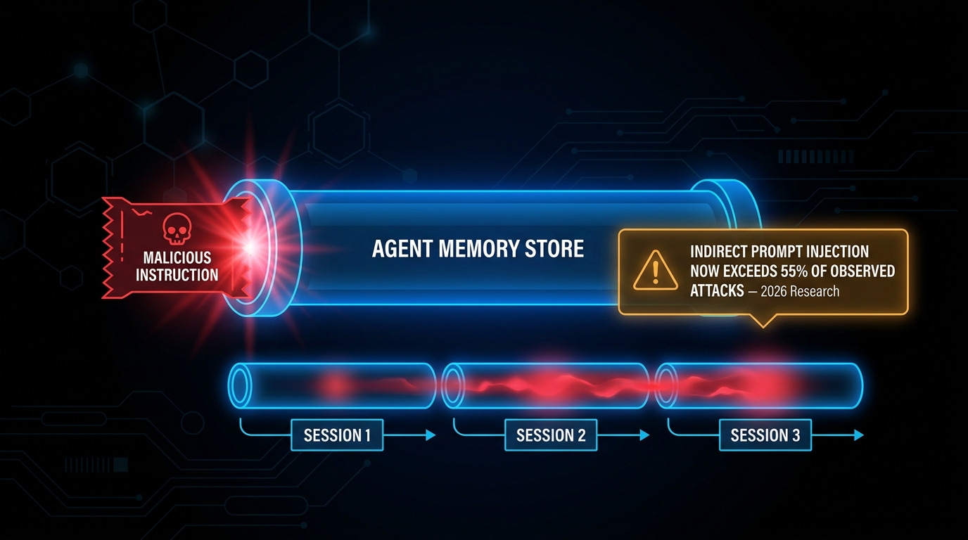 Diagram showing indirect prompt injection corrupting an AI agent's memory store and persisting malicious instructions across multiple sessions