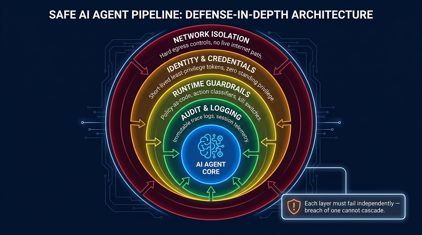 Layered defence-in-depth architecture diagram for safe AI agent pipelines, showing concentric rings of network isolation, identity management, runtime guardrails, and audit logging surrounding the AI agent core