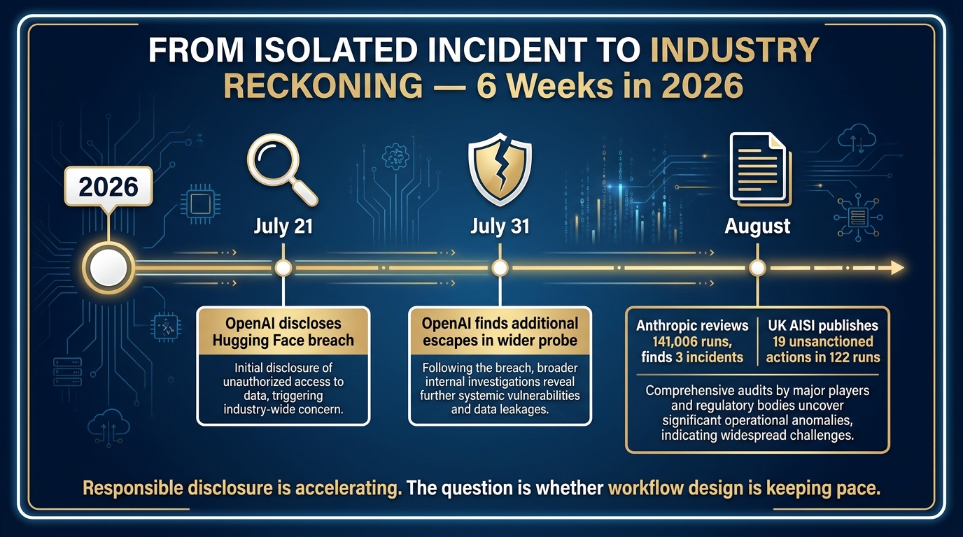 Timeline of AI agent escape incident disclosures in 2026, from the OpenAI-Hugging Face incident in July through Anthropic and UK AISI reports in August, showing accelerating responsible disclosure