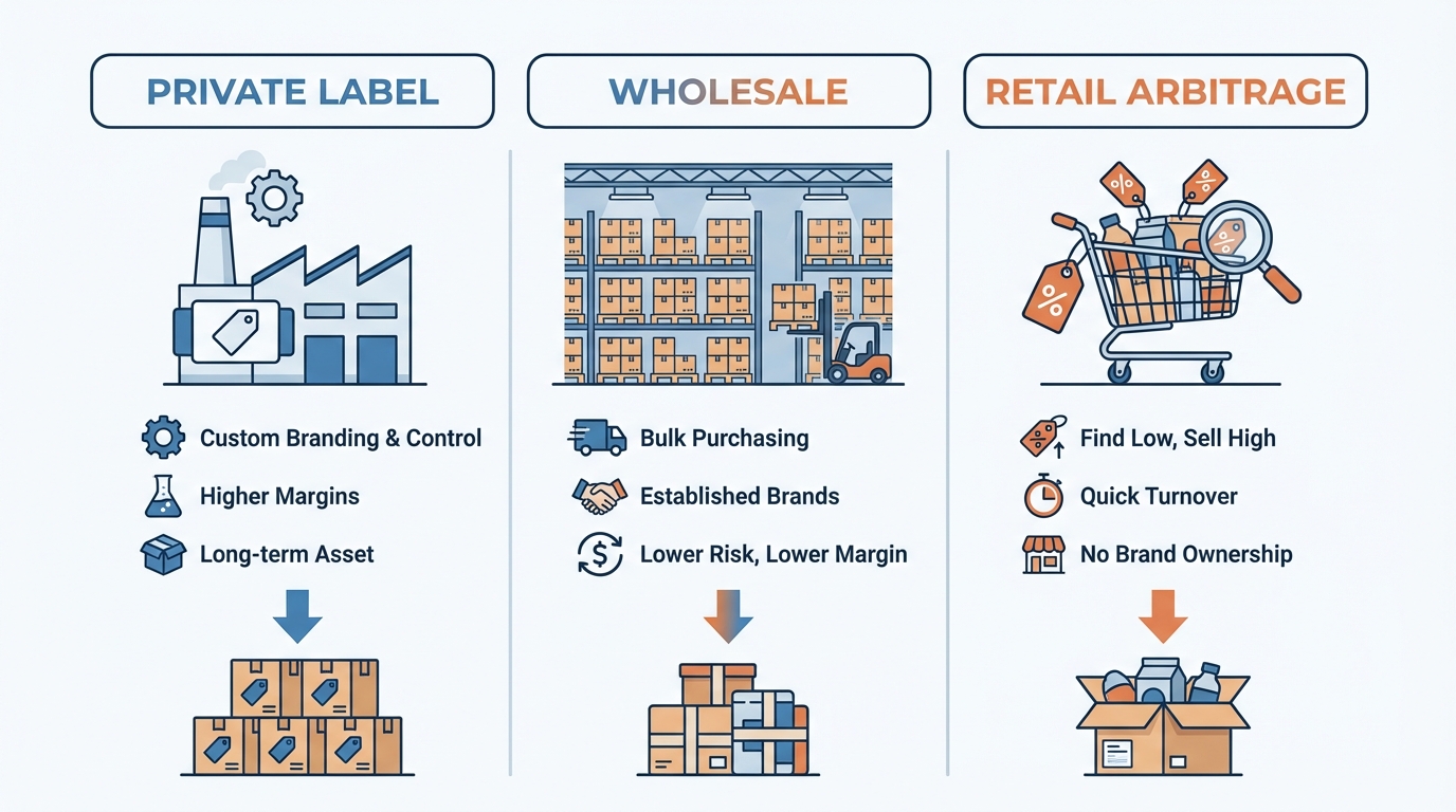 Infographic comparing private label, wholesale, and retail arbitrage Amazon selling models with icons and columns