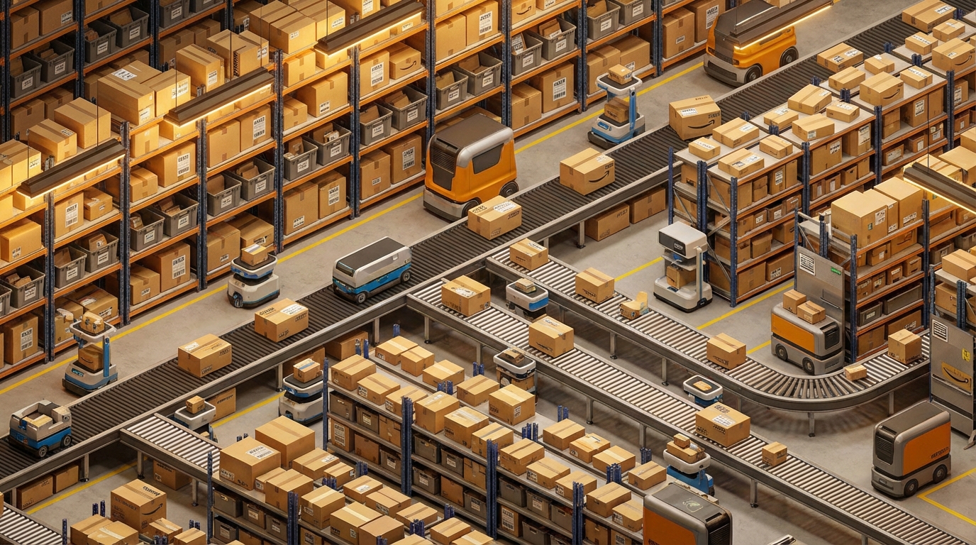 3D isometric illustration of a modern Amazon-style fulfillment warehouse with robots, conveyor belts, and organized shelving
