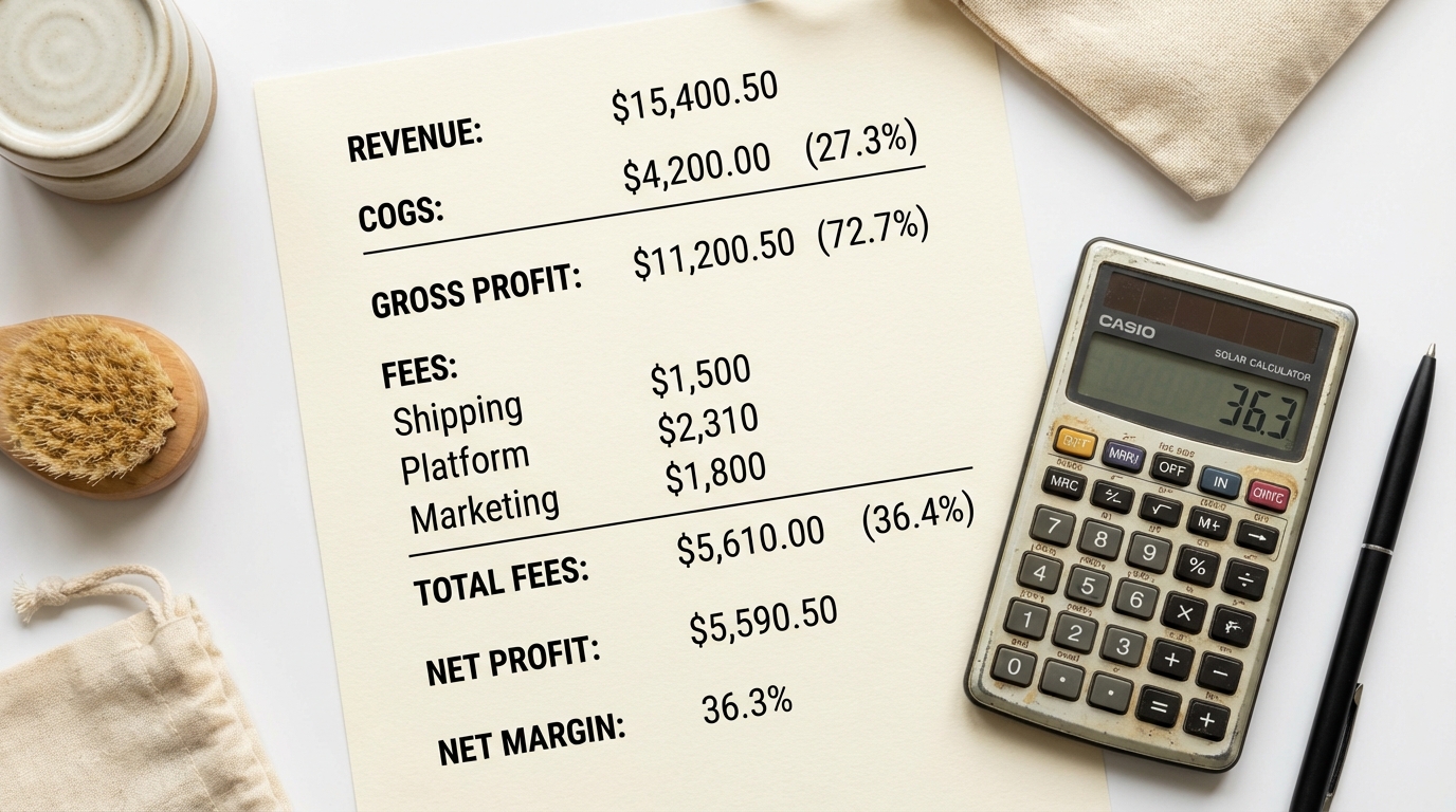 Detailed profit and loss breakdown sheet with calculator, pen, and product samples showing Amazon fee analysis