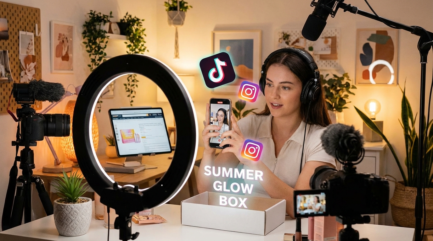 Content creator filming product unboxing with ring light and smartphone, TikTok and Instagram social media icons floating, Amazon product pages visible on tablet