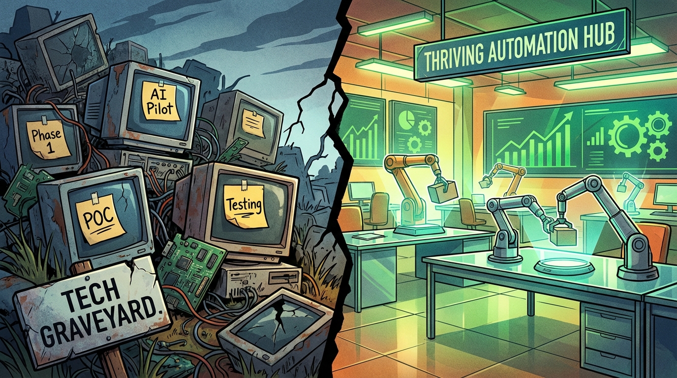 Split image showing abandoned AI pilot projects versus a thriving automated business environment