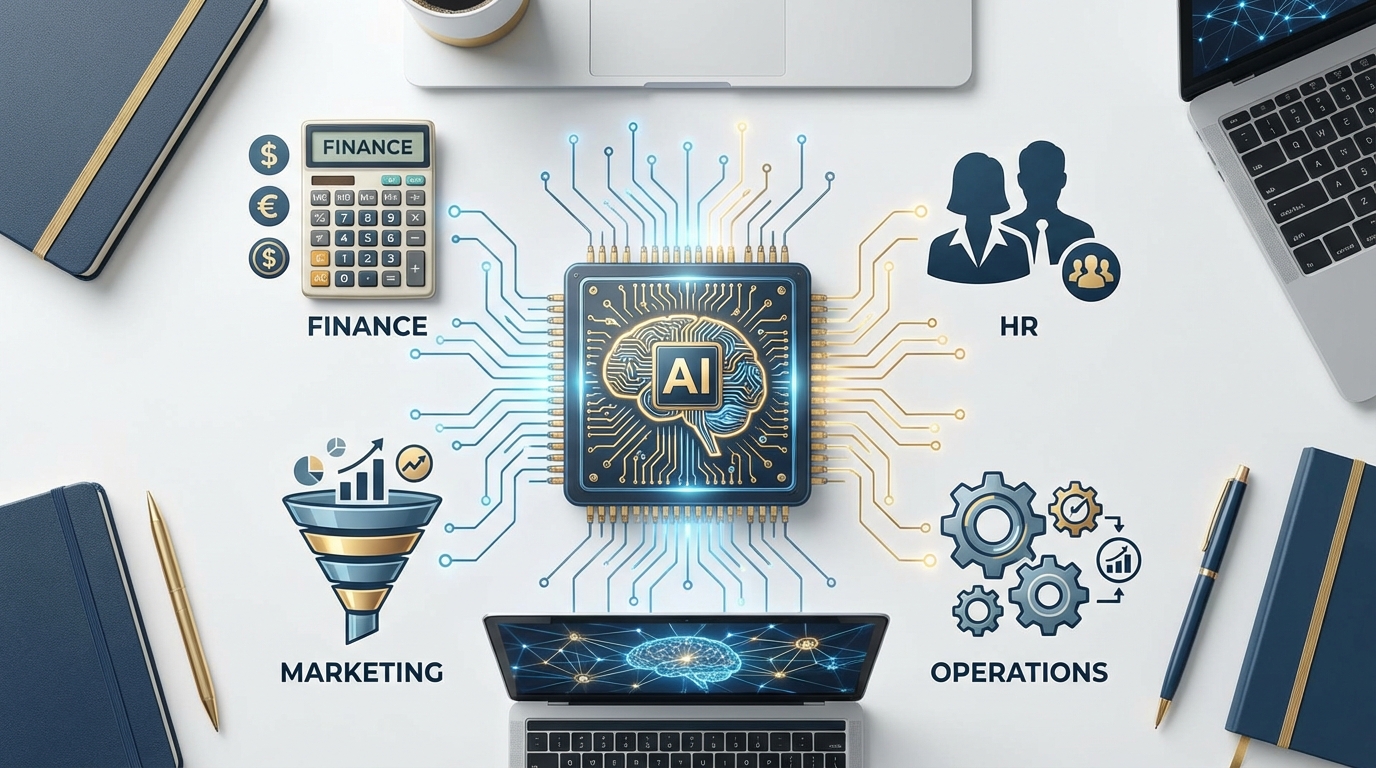 Business departments connected by AI automation networks — finance, HR, marketing, and operations
