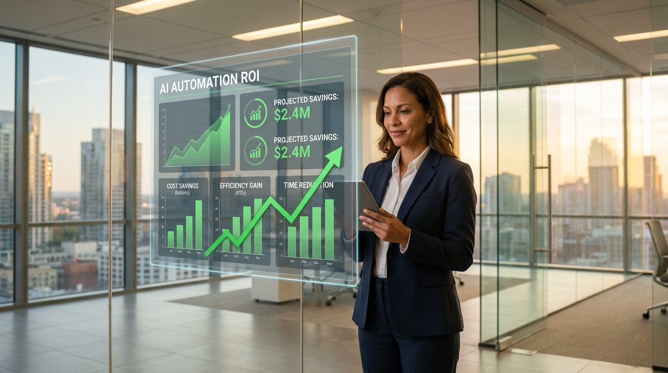 Business executive reviewing AI automation ROI dashboard with cost savings and efficiency metrics