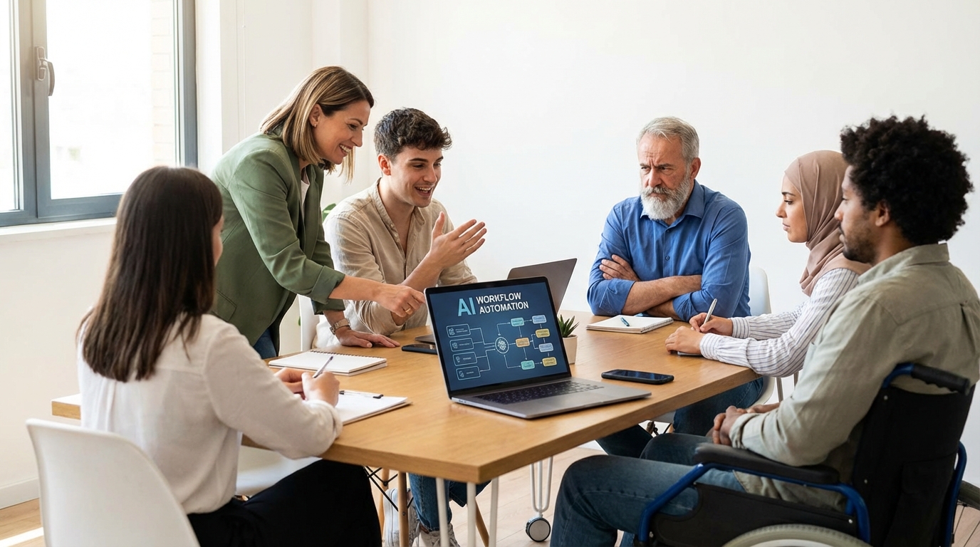 Office team discussing AI automation adoption with mixed reactions around a conference table