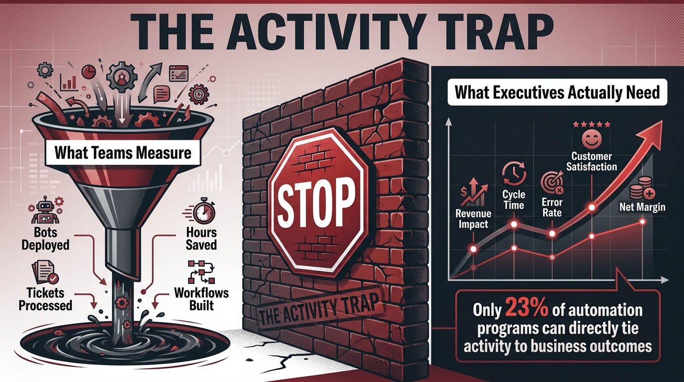 The Activity Trap infographic: activity metrics like bots deployed and hours saved hitting a wall, contrasted with business outcome metrics executives need