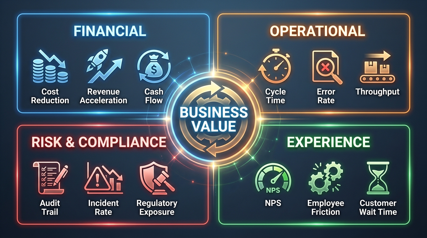 Four value dimensions quadrant: Financial, Operational, Risk and Compliance, and Experience — all converging on Business Value