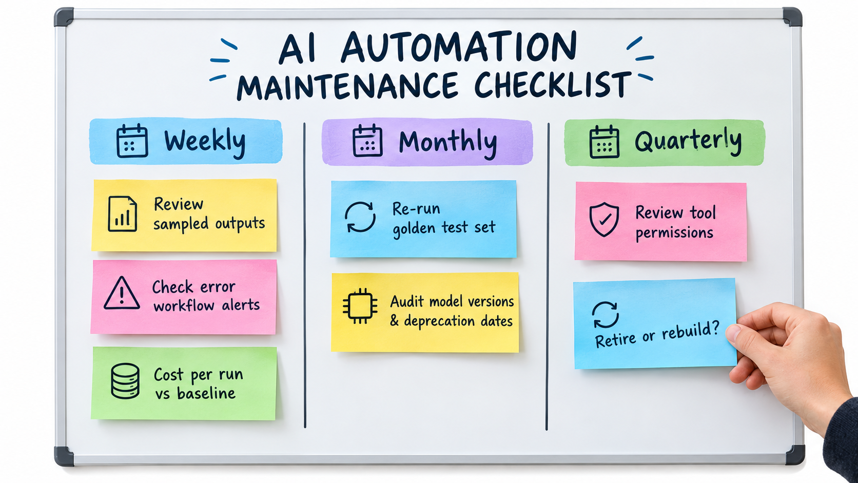 Maintenance checklist board with weekly, monthly and quarterly columns including reviewing sampled outputs, checking error alerts, cost per run, golden test sets, model deprecation audits, and permission reviews