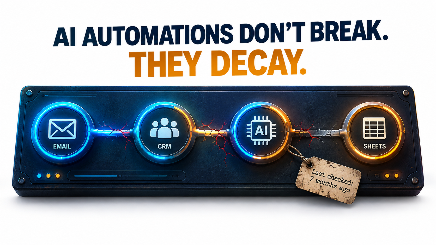 An AI automation workflow of connected nodes with cracking connections and a tag reading 'Last checked: 7 months ago' under the headline 'AI automations don't break. They decay.'